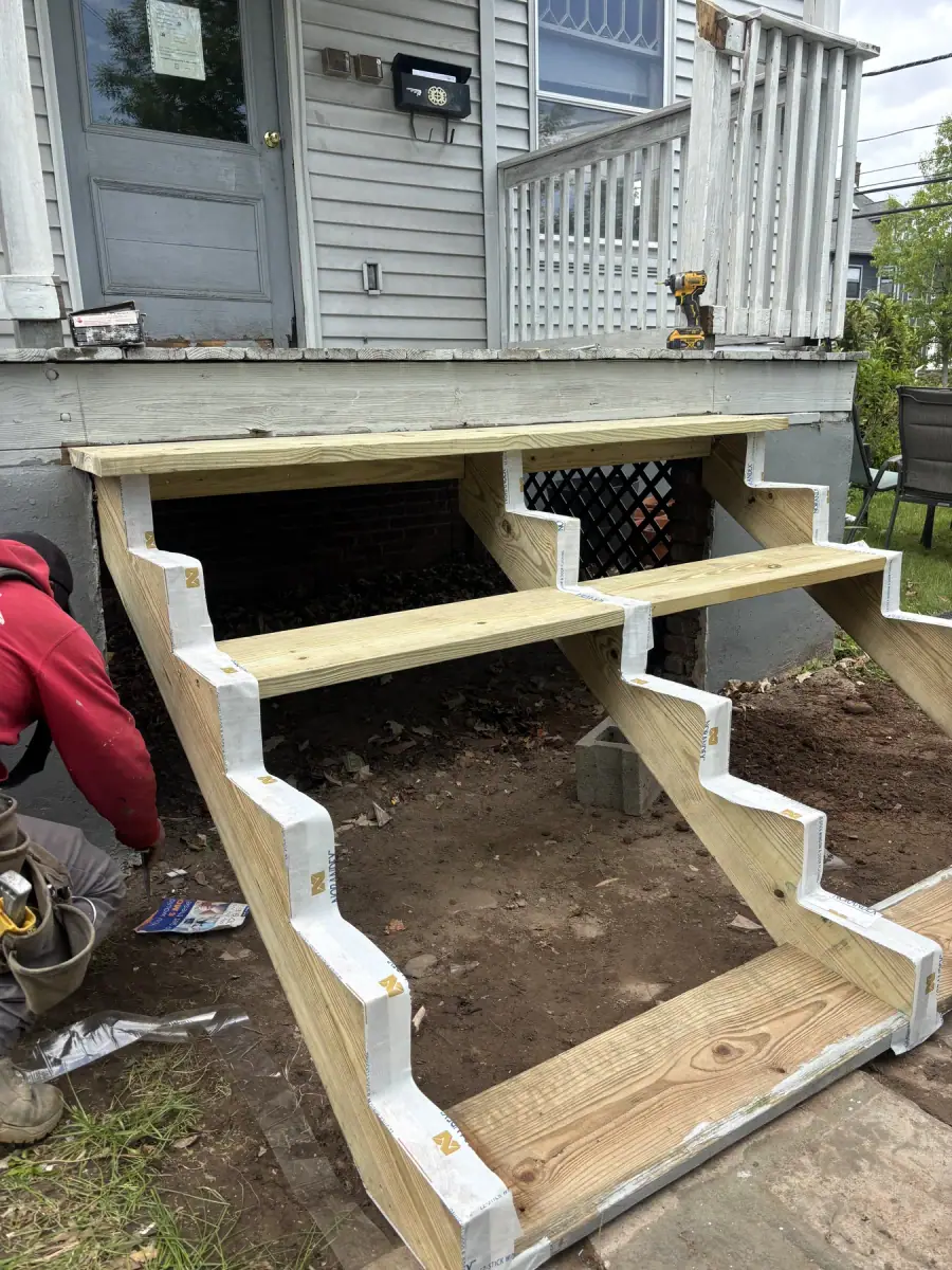 New timber steps part built, the stringers and risers cut and fixed